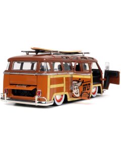 Volkswagen T1 Bus Brown with Graphics "Sheriff Woody" and Woody Diecast Figure and Surfboard "Toy Story" (1995) Movie "Hollywood Rides" Series 1/24 Diecast Model Car by Jada