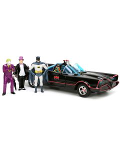 1966 Classic Batmobile with Diecast Batman The Joker The Penguin and Plastic Robin Sitting Inside The Car "Batman" TV Series (1966) "Hollywood Rides" Series 1/24 Diecast Model Car by Jada