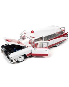 1959 Cadillac Eldorado Ambulance Red and White 1/18 Diecast Model by Auto World