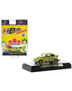 1953 Volkswagen Beetle Deluxe U.S.A. Model Lime Green Metallic with Graphics "Hurst Power Flowers" Limited Edition to 7150 pieces Worldwide 1/64 Diecast Model Car by M2 Machines