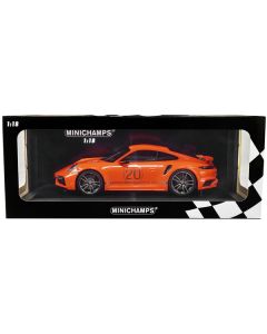 2021 Porsche 911 Turbo S with SportDesign Package #20 Orange with Silver Stripes Limited Edition to 504 pieces Worldwide 1/18 Diecast Model Car by Minichamps