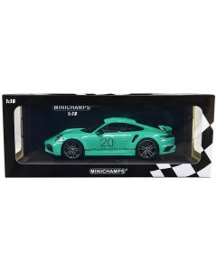 2021 Porsche 911 Turbo S with SportDesign Package #20 Green with Silver Stripes Limited Edition to 504 pieces Worldwide 1/18 Diecast Model Car by Minichamps