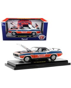 1971 Plymouth Barracuda 440 Pearl White with Blue and Red Stripes and Black Top Limited Edition to 6550 pieces Worldwide 1/24 Diecast Model Car by M2 Machines