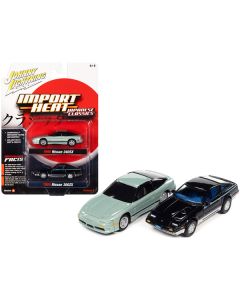 1985 Nissan 300ZX Black with Silver Trim and Blue Stripes and 1990 Nissan 240SX Silver Green Pearl with Black Stripes "Import Heat" Series Set of 2 Cars 1/64 Diecast Model Cars by Johnny Lightning