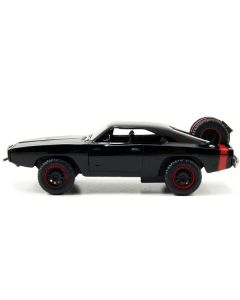 Dom's Dodge Charger R/T Black with Red Tail Stripe and 1968 Dodge Charger Widebody Matt Black with Bronze Tail Stripe Set of 2 pieces 