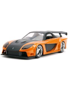 Han's Mazda RX-7 Orange Metallic and Matt Black and Toyota GR Supra Orange Metallic with Black Hood Set of 2 pieces 