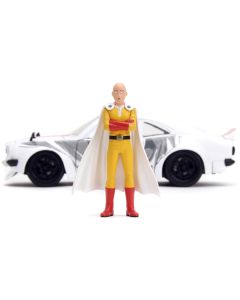 1974 Mazda RX-3 White with Red Stripe and Graphics and Saitama Diecast Figure "One Punch Man" (2015-2019) TV Series 1/24 Diecast Model Car by Jada