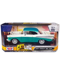 1957 Chevrolet Bel Air Lowrider Turquoise Metallic and White "Get Low" Series 1/24 Diecast Model Car by Motormax