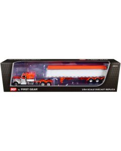 Kenworth W900A with 60" Flat Top Sleeper and Lode King Distinction Tri-Axle Hopper Trailer Orange and Pearl White 1/64 Diecast Model by DCP/First Gear