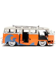 1962 Volkswagen Bus "Santa Monica Surf Club" Orange and White with Graphics with Roof Rack and Surfboard "Punch Buggy" Series 1/24 Diecast Model Car by Jada