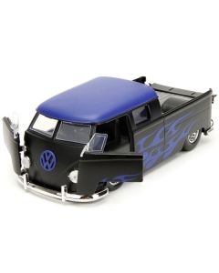 1963 Volkswagen Bus Pickup Truck Matt Black with Matt Blue Top and Flames Graphics "Punch Buggy" Series 1/24 Diecast Model Car by Jada