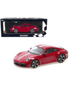 2019 Porsche 911 Carrera 4S Carmine Red with Silver Stripe Limited Edition to 600 pieces Worldwide 1/18 Diecast Model Car by Minichamps