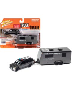 1997 Chevrolet Tahoe "SWAT" Custom Gray Metallic and Black with "Twin Cities Police" Camper Trailer Limited Edition to 9892 pieces Worldwide "Truck and Trailer" Series 1/64 Diecast Model Car by Johnny Lightning