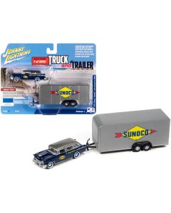 1955 Chevrolet Nomad "Sunoco" Blue Metallic with Gray Top with Enclosed Car Trailer Limited Edition to 9652 pieces Worldwide "Truck and Trailer" Series 1/64 Diecast Model Car by Johnny Lightning