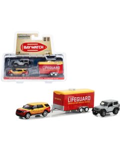 2016 Ford Explorer "Emerald Bay Beach Patrol Lifeguard" Yellow and Red with 2013 Jeep Wrangler Rubicon Gray and Enclosed Car Hauler "Baywatch" (2017) Movie "Hollywood Hitch & Tow" Series 11 1/64 Diecast Model Cars by Greenlight