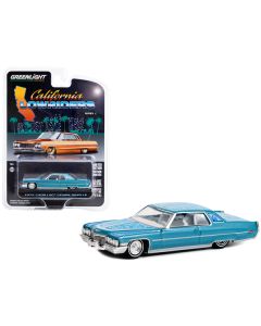 1972 Cadillac Coupe DeVille Custom Light Blue Metallic with White Interior and Graphics "California Lowriders" Series 2 1/64 Diecast Model Car by Greenlight