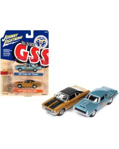 1964 Dodge 330 "Mr. Norm - Grand Spaulding Dodge" Blue Metallic and 1971 Dodge Demon GSS Butterscotch Orange with Black Top and Stripes "Mr. Norm GSS" Series Set of 2 Cars 1/64 Diecast Model Cars by Johnny Lightning