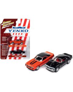 1969 Chevrolet Camaro Hugger Orange with Black Top and Stripes and 1967 Chevrolet Camaro Black with White Stripe and Red Interior "Yenko" Series Set of 2 Cars 1/64 Diecast Model Cars by Johnny Lightning