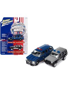 1997 Chevrolet Tahoe "New York State Trooper" Blue with Gold Stripes and Jeep Cherokee XJ "North Carolina State Trooper" Black and Silver "American Heroes" Series Set of 2 Cars 1/64 Diecast Model Cars by Johnny Lightning