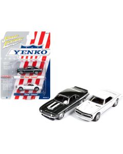 1969 Chevrolet Camaro Fathom Green Metallic with White Stripes and 1967 Chevrolet Camaro White with Black Nose Stripe "Yenko" Series Set of 2 Cars 1/64 Diecast Model Cars by Johnny Lightning