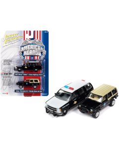 1997 Chevrolet Tahoe "Texas Highway Patrol - Department of Public Safety" Black and White and Jeep Cherokee XJ "Florida State Trooper K9 Unit" Black with Tan Top "American Heroes" Series Set of 2 Cars 1/64 Diecast Model Cars by Johnny Lightning