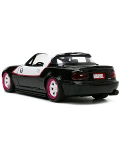 1990 Mazda Miata Black and White with Graphics and Ghost Spider Diecast Figure "Spider-Man" "Marvel" Series 1/32 Diecast Model Car by Jada