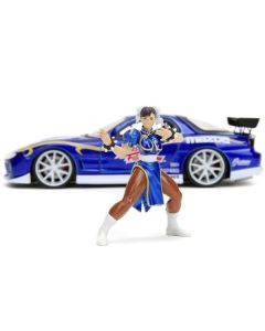 1993 Mazda RX-7 Candy Blue Metallic with Graphics and Chun-Li Diecast Figure "Street Fighter" Video Game "Anime Hollywood Rides" Series 1/24 Diecast Model Car by Jada