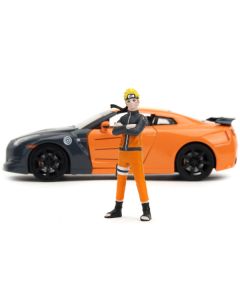 2009 Nissan GT-R (R35) Orange and Dark Gray with Yellow Top and Graphics and Naruto Diecast Figure "Naruto Shippuden" (2009-2017) TV Series "Anime Hollywood Rides" Series 1/24 Diecast Model Car by Jada