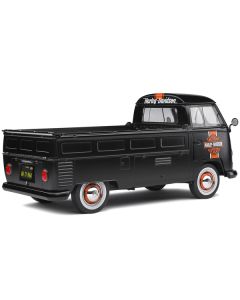 1950 Volkswagen T1 Custom Pickup Truck Matt Black with Orange Stripes "Harley Davidson" with Surfboard Accessory 1/18 Diecast Model Car by Solido