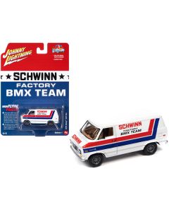 1976 Chevrolet G20 Van White with Stripes "Schwinn Factory BMX Team" "Pop Culture" 2023 Release 1 1/64 Diecast Model Car by Johnny Lightning