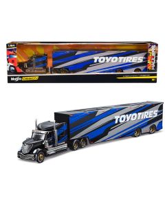 International LoneStar Enclosed Car Transporter "Toyo Tires" Black with Blue and Gray Stripes "Custom Haulers" Series 1/64 Diecast Model by Maisto