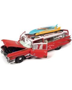 1959 Cadillac Eldorado Ambulance Red with White Top "Malibu Beach Rescue" (Weathered) with Surfboards on Roof "Surf Shark" 1/18 Diecast Model Car by Auto World