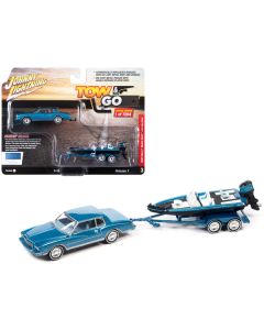 1980 Chevrolet Monte Carlo Bright Blue Metallic with Blue Interior with Bass Boat and Trailer Limited Edition to 7264 pieces Worldwide "Tow & Go" Series 1/64 Diecast Model Car by Johnny Lightning