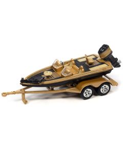 1980 Chevrolet Monte Carlo Light Camel Gold Metallic with Bass Boat and Trailer Limited Edition to 7264 pieces Worldwide "Tow & Go" Series 1/64 Diecast Model Car by Johnny Lightning