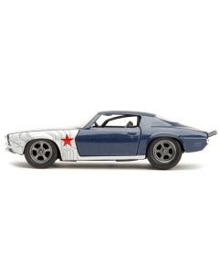 1973 Chevrolet Camaro Dark Blue Metallic with Gray Stripes and Winter Soldier Diecast Figure "Marvel Avengers" "Hollywood Rides" Series 1/32 Diecast Model Car by Jada