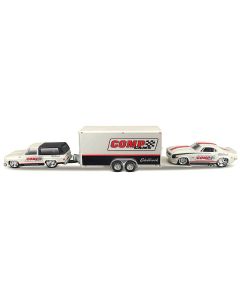 1979 Chevrolet K5 Blazer White and Black and 1968 Chevrolet Camaro Z/28 White with Stripes with Enclosed Car Trailer "Comp Cams - Edlebrock" "Team Haulers" Series 1/64 Diecast Model Car by Maisto