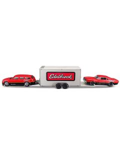 2006 Dodge Magnum R/T Red and Black and 1969 Dodge Charger R/T Red and Black with Enclosed Car Trailer "Edelbrock" "Team Haulers" Series 1/64 Diecast Model Car by Maisto