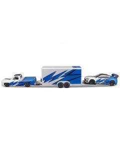 1987 Chevrolet 1500 Pickup Truck White with Blue Graphics and 2019 Subaru BRZ White with Blue Graphics with Enclosed Car Trailer "Team Haulers" Series 1/64 Diecast Model Car by Maisto