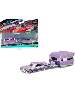 1959 Chevrolet Impala Purple Metallic with White Graphics and Alameda Trailer Purple Metallic and White "Tow & Go" Series 1/64 Diecast Model Car by Maisto