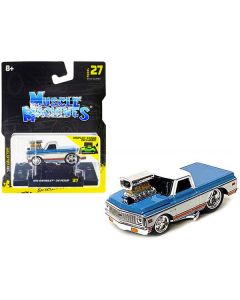 1972 Chevrolet C10 Pickup Truck Blue and White with Stripes 1/64 Diecast Model Car by Muscle Machines