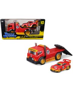 JDM Flatbed Truck #17 Red "RAUH-Welt BEGRIFF" and Porsche RWB 911 993 #17 Red "Muscle Transports" Series 1/64 Diecast Model Cars by Muscle Machines