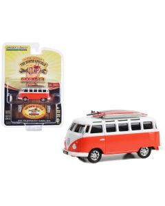 1964 Volkswagen Samba Bus Orange and White with Surfboards "The Busted Knuckle Garage Service & Sales" "Busted Knuckle Garage" Series 2 1/64 Diecast Model Car by Greenlight