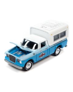 1960 Studebaker Pickup Truck Light Blue and Blue Two-Tone with Camper "Water Works" with Game Token "Monopoly" "Pop Culture" 2023 Release 2 1/64 Diecast Model Car by Johnny Lightning