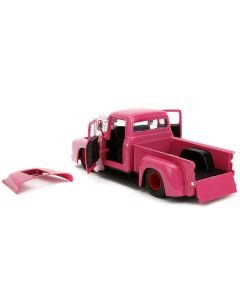 1956 Ford F-100 Pickup Truck Pink with Graphics and Franken Berry Diecast Figure "Franken Berry" "Hollywood Rides" Series 1/24 Diecast Model Car by Jada