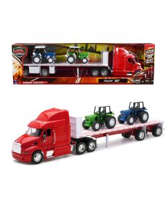 Peterbilt 387 Flatbed Truck Red with 2 Farm Tractors Blue and Green "Long Haul Trucker" Series 1/32 Diecast Model by New Ray