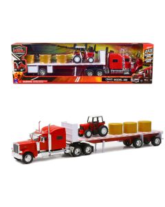 Peterbilt 389 Flatbed Truck Red with Farm Tractor Red and Hay Bales "Long Haul Trucker" Series 1/32 Diecast Model by New Ray