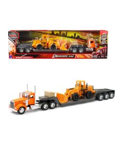 Kenworth W900 Truck with Lowboy Trailer Orange and Wheel Loader Yellow "Long Haul Trucker" Series 1/32 Diecast Model by New Ray