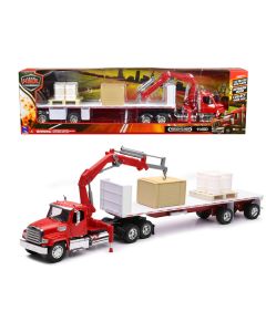 Freightliner 114SD Flatbed Truck with Crane Red with Accessories "Long Haul Trucker" Series 1/32 Diecast Model by New Ray