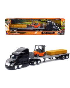 Peterbilt 387 Truck with Flatbed Trailer Black with Forklift and Hay Bales "Long Haul Trucker" Series 1/43 Diecast Model by New Ray