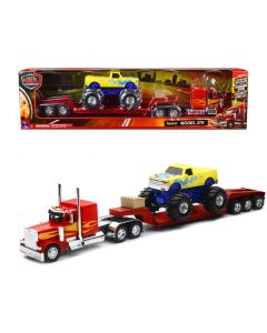 Peterbilt 379 Truck with Lowboy Trailer Red with Orange Flames and Monster Truck Yellow with Blue Flames "Long Haul Truckers" Series 1/32 Diecast Model by New Ray